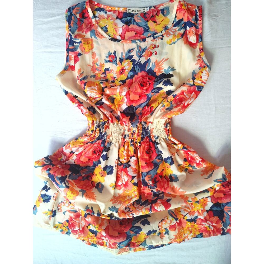 NWOT Liva Girl Floral Cream-Colored Shirred Waistband Sleeveless Dress Size XL